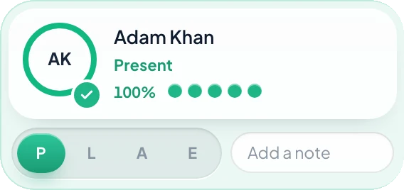 Register tile: Adam Khan, present, 100% attendance