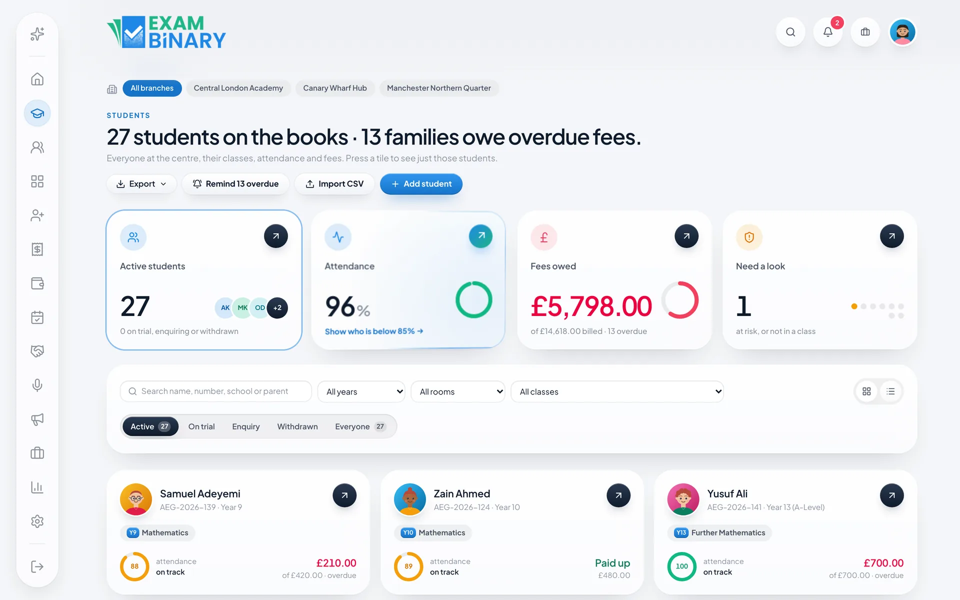 Office portal: every student with their classes, attendance and fees owed.